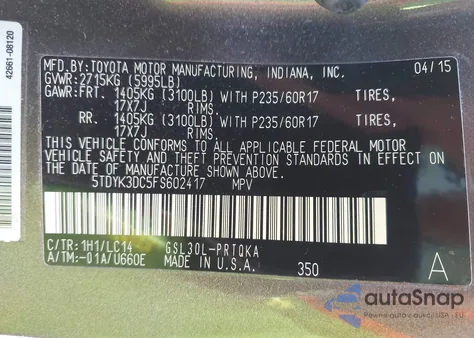 2015 Toyota Sienna Xle 8 Passenger z USA, uszkodzony, nr VIN 5TDYK3DC5FS602417